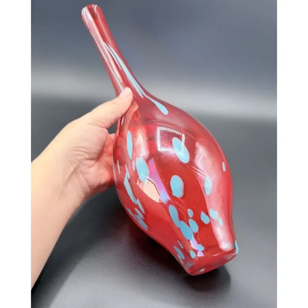 Vintage Red Swung Art Glass Vase Blue Applied Dots MCM Blown Glass 15.5”